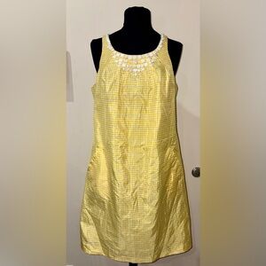 ECI ICE New Sz 10 Medium Yellow Gingham Sleeveless Beaded Shift Silk Blend Dress